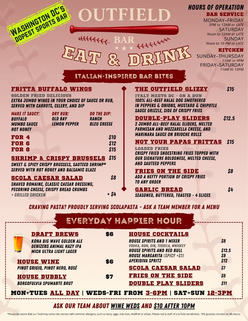 Outfield Bar eat and drink menu — Italian-inspired bar bites and everyday happier hour