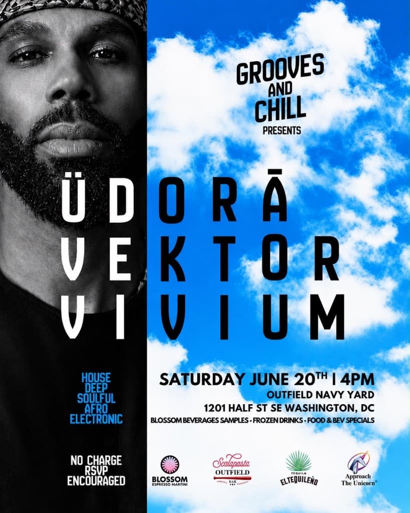 Grooves and Chill event flyer — UDORA, Vektor, Vivium at Outfield Bar Navy Yard June 20