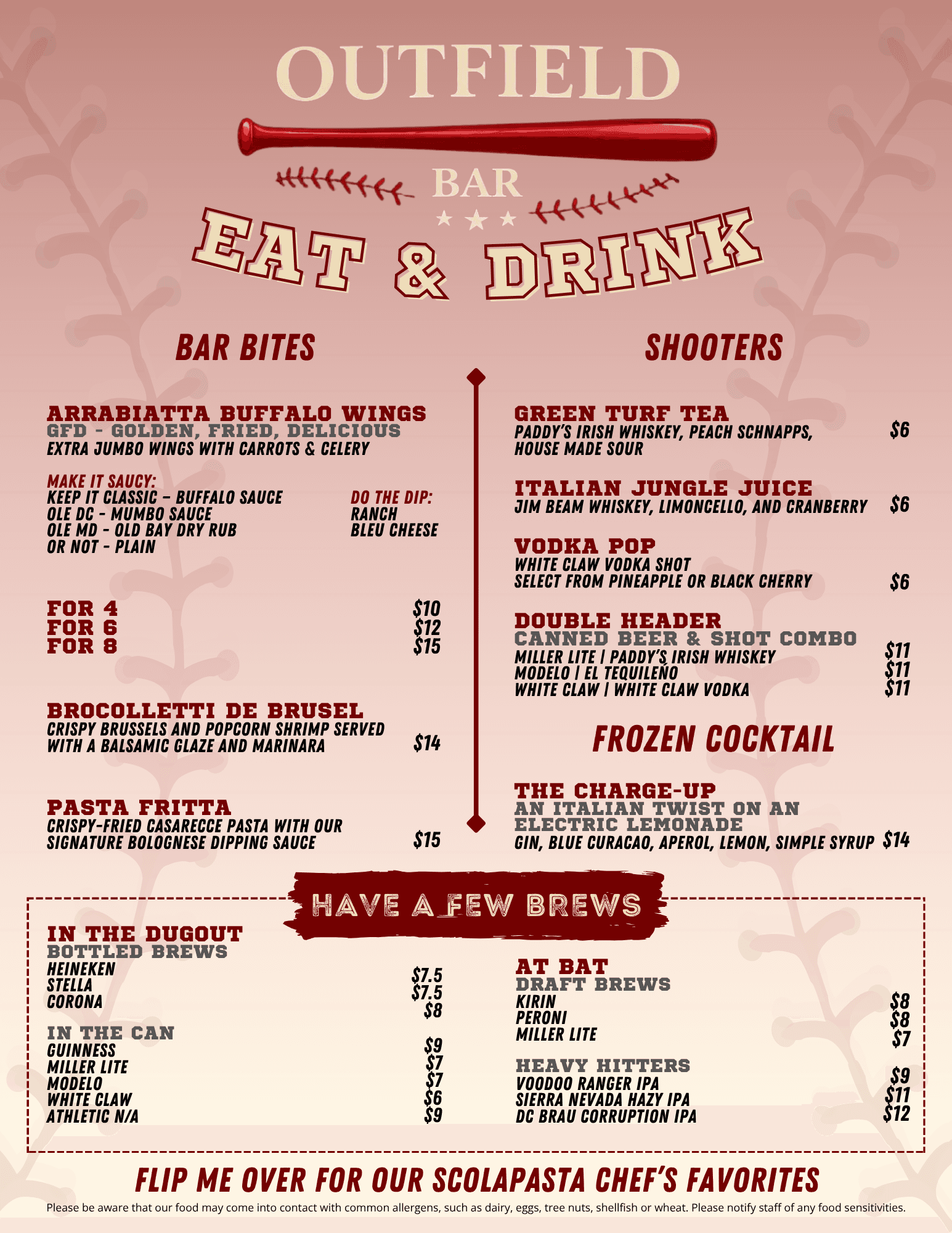 Outfield Bar bar bites, shooters, and beer menu