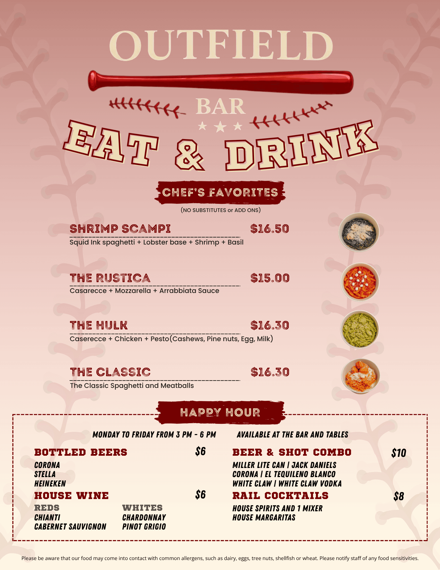 Outfield Bar menu featuring chef favorites and happy hour